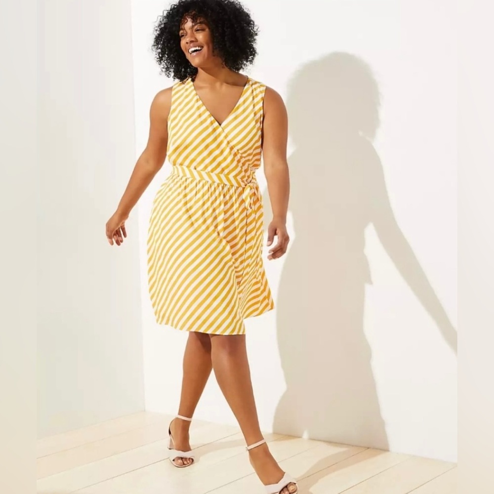 Loft Faux Wrap Dress Yellow Stripe Size 8